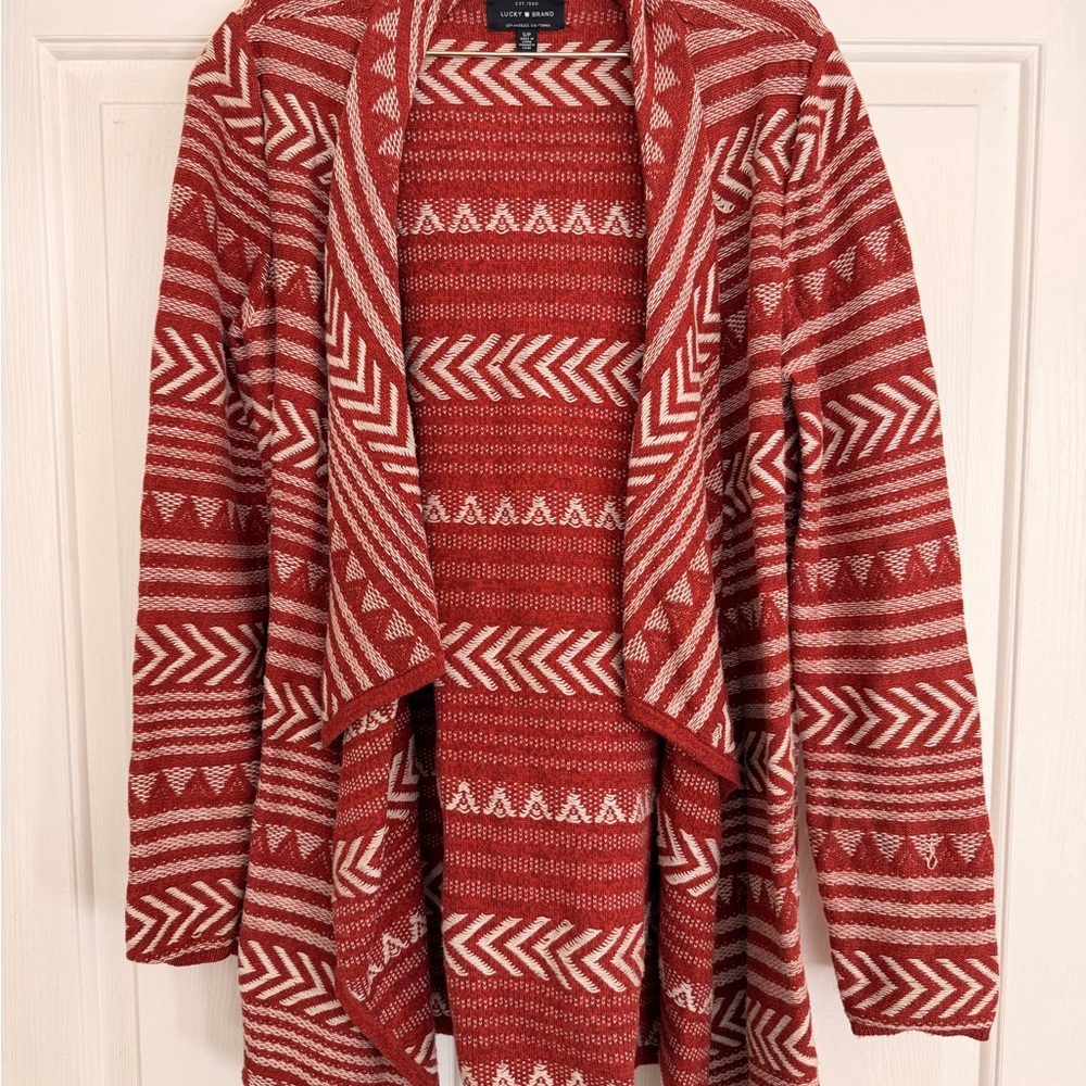 Lucky Brand Red Patterned Open-Front Sweater Cardigan